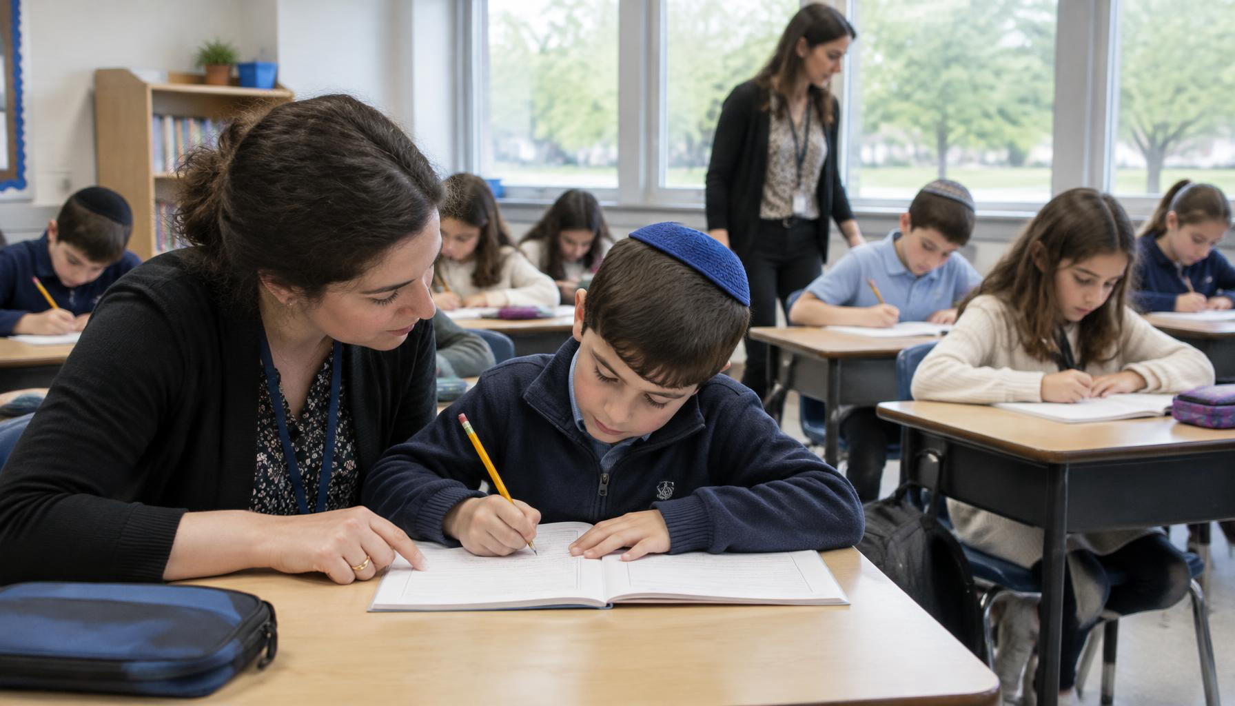 A classroom aide sitting beside a Jewish elementary school boy while classmates work and a teacher walks between the desks